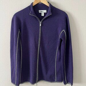 Neve Heathered Purple 100% wool Cardigan with Black & White Trim Women's Size M